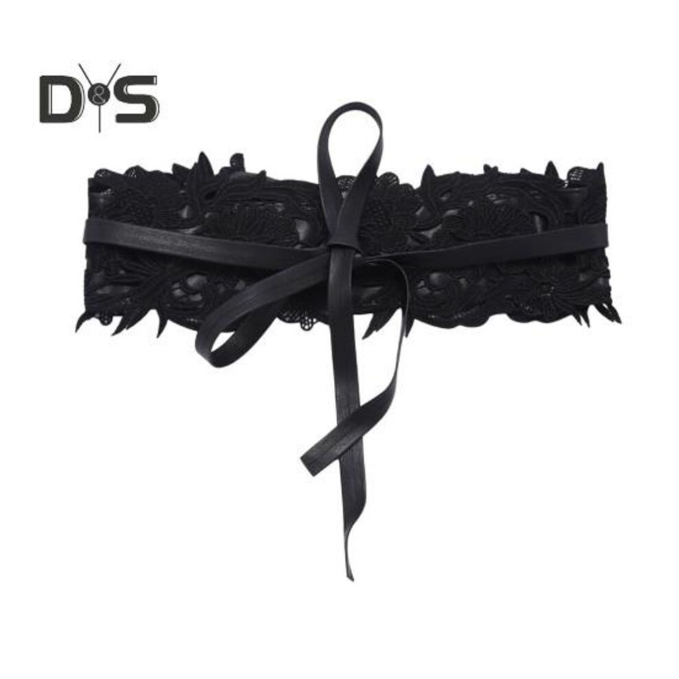 (black) Women Belt Embroidery Lace Flower Bowknot Lace-up Solid Color Waistband Imitation Leather Strap Dress Coat Jacket Accessories
