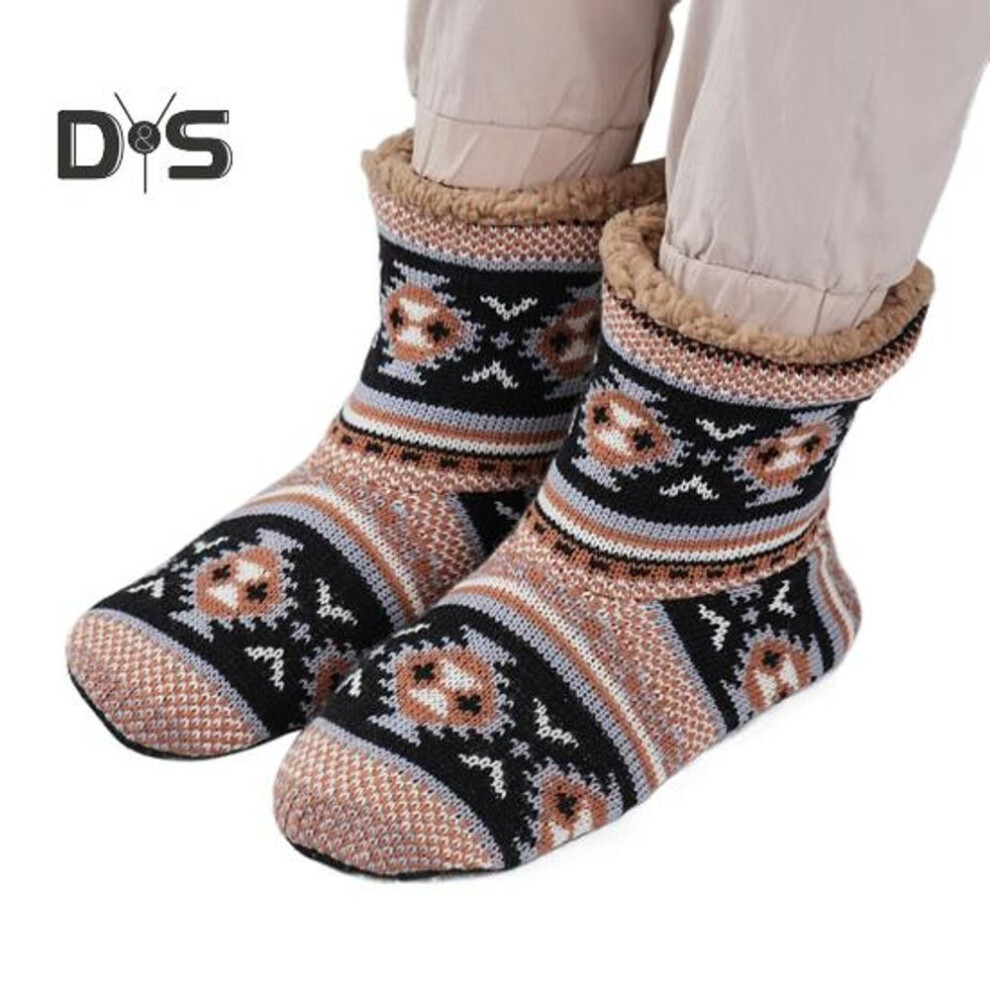 (camel) 1 Pair Winter Floor Socks Thickened Fuzzy Plush Warmth Retention Silicone Sole Jacquard Leg Warmer Fall Winter Floor Socks Holiday Gift