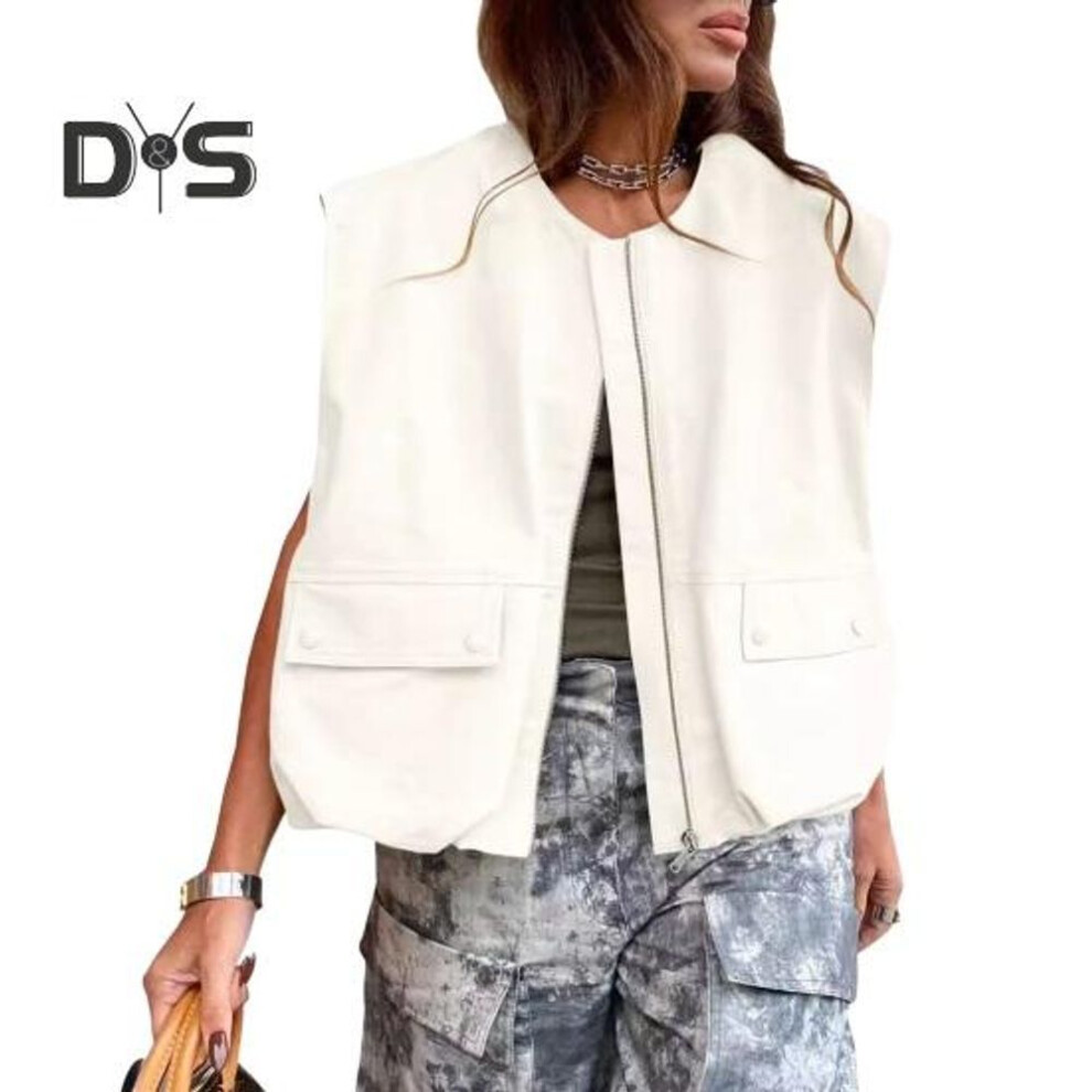 (white, M) Women Fall Summer Vest Coat Sleeveless Round Neck Zipper Solid Color Loose Cardigan Pockets Smooth Surface Casual Daily Wear Waistcoat