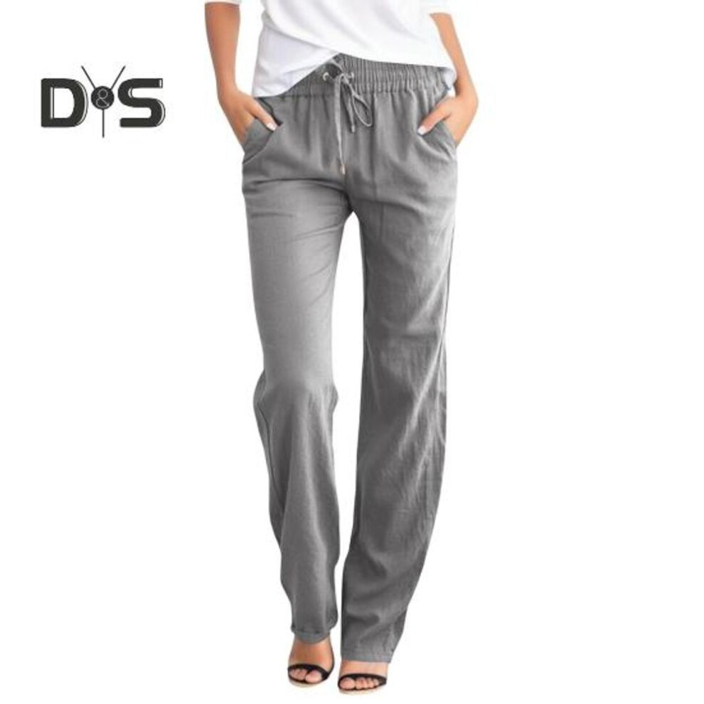 (grey, L) Women Casual Pants Straight Wide Leg Solid Color Long Pants With Pockets Elastic Waist Adjustable Drawstring Hiking Trousers