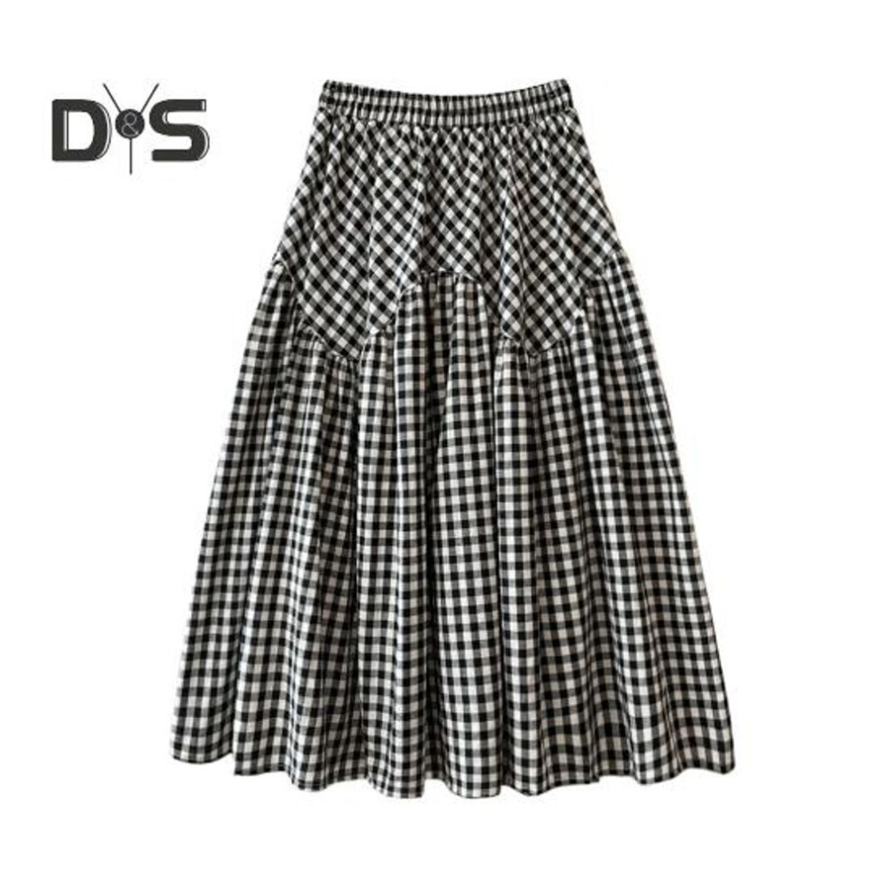 (black) Women Midi Skirt Plaid Print Stitching Design A-line Skirt Elastic High Waist Retro Style Swing Skirt Daily Wear