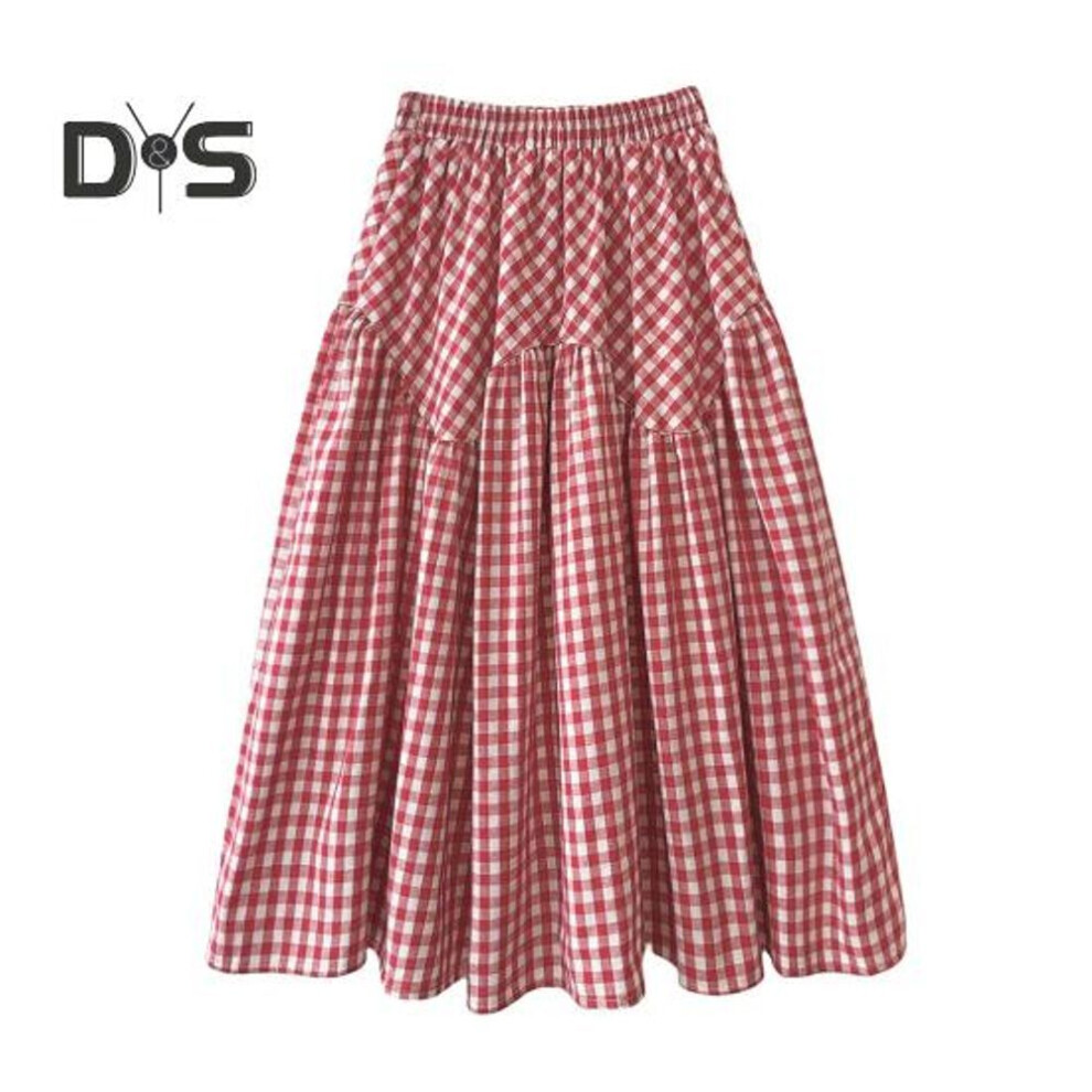 (red) Women Midi Skirt Plaid Print Stitching Design A-Line Skirt Elastic High Waist Retro Style Swing Skirt Daily Wear