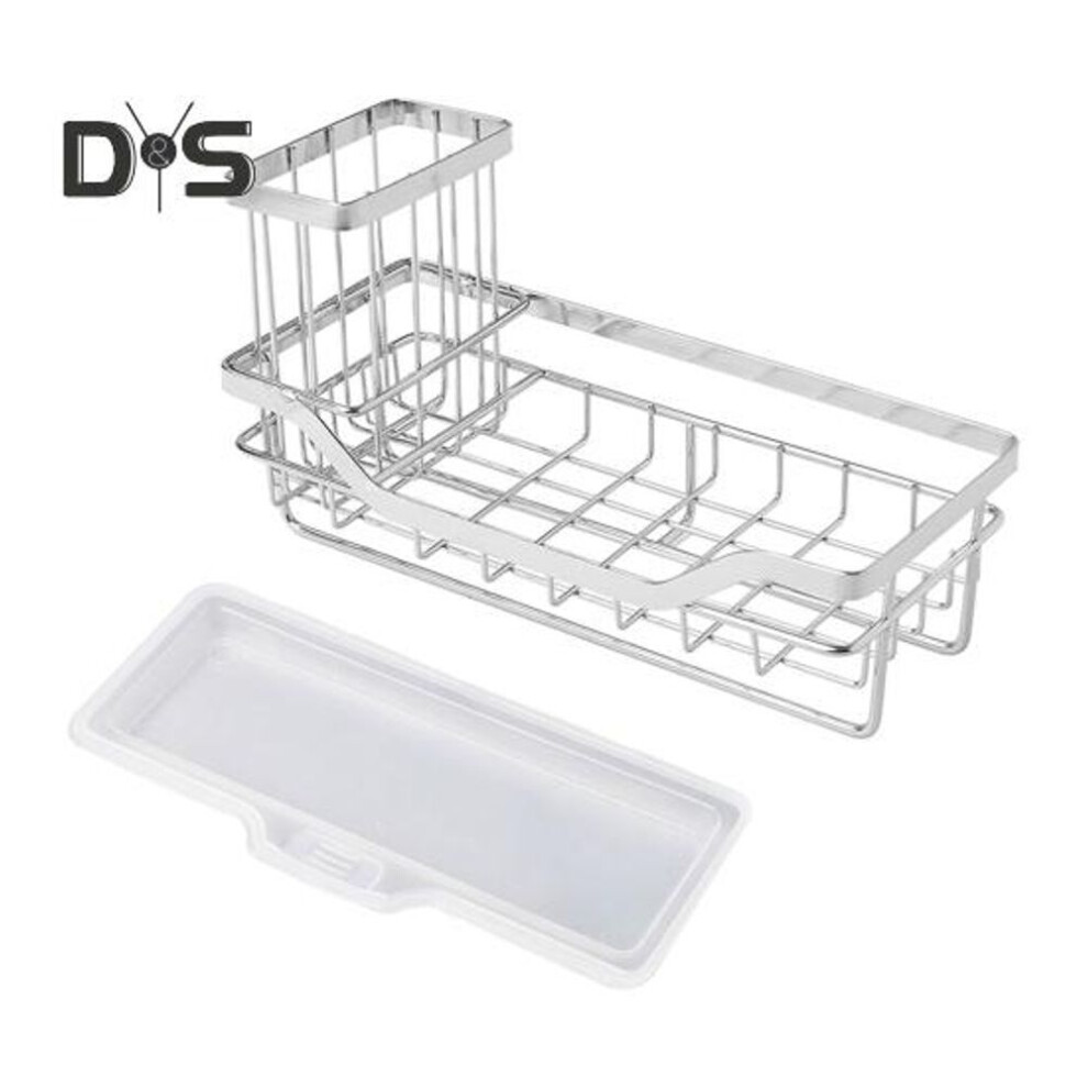 (silver, B) Sponge Holder Kitchen Sink Organizer With Drain Tray Rustproof Corrosion Resistant Sink Caddy Storage Holder