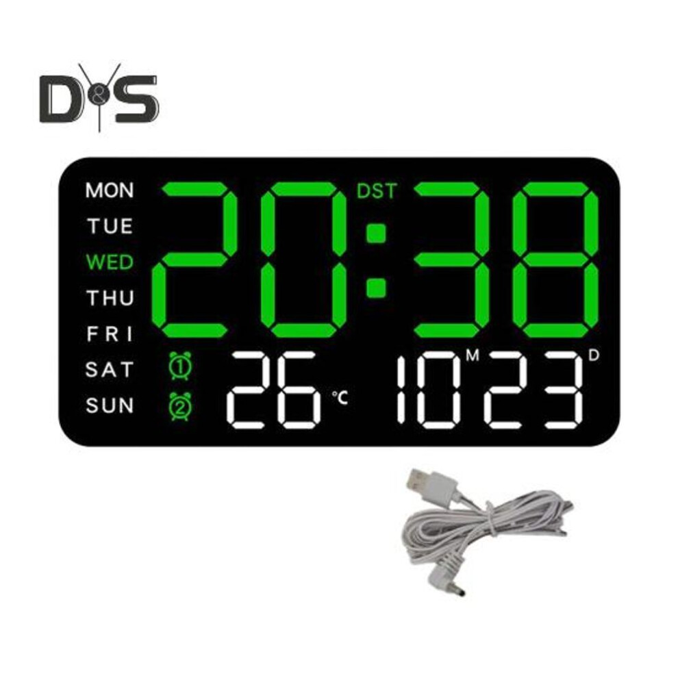 (B, green) Digital Wall Clock Large Display Auto Dimming Easy-setup Temperature Calendar Countdown Timer Silent Hanging Clock