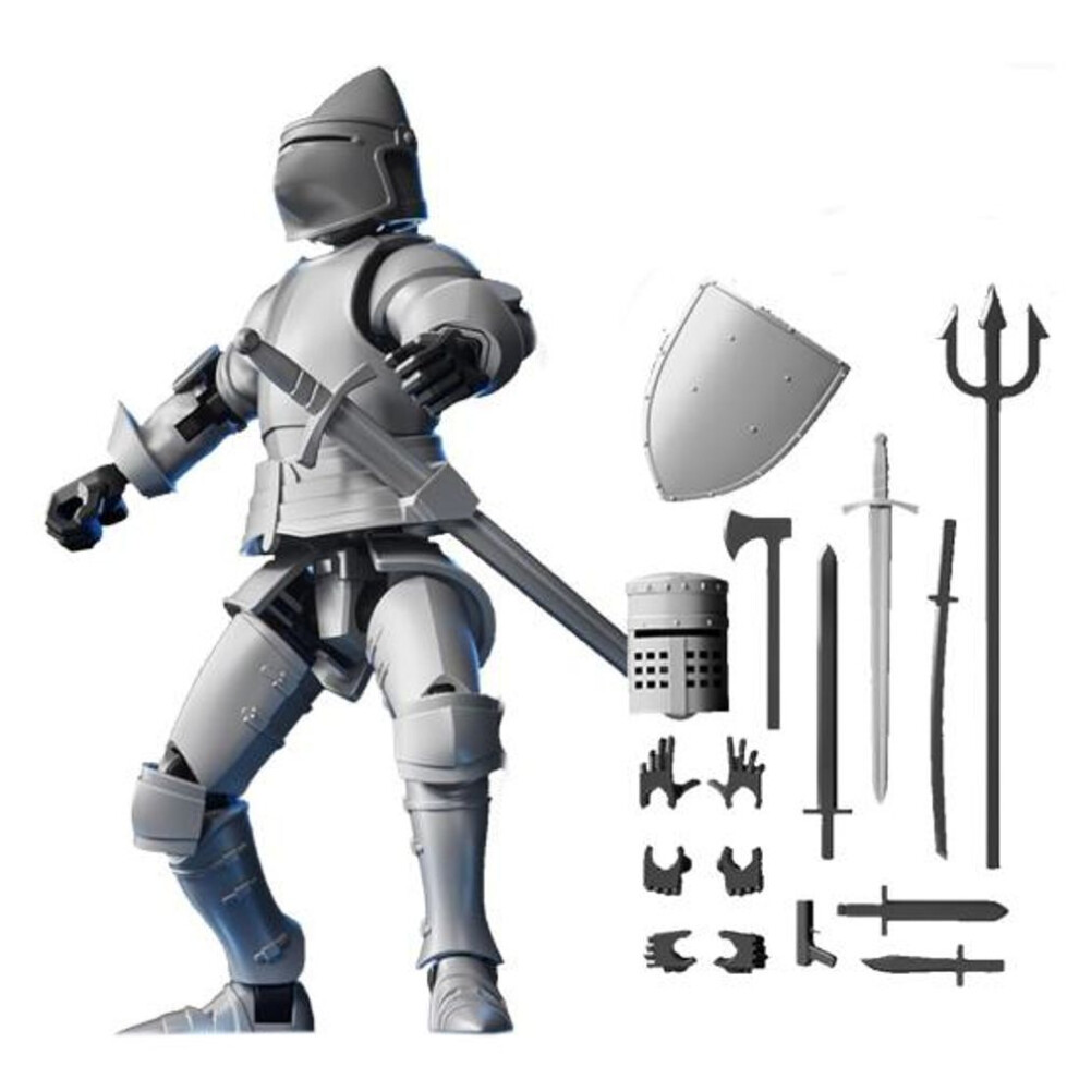 (silver) Armor Knight Action Figure with Accessories Movable Joints 3D Printed Medieval Warrior Robot Model Toy Stress Relief Articulated Dummy Decora