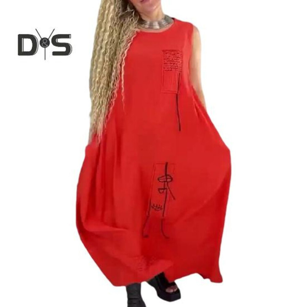 (red, 3XL) Summer Women Dress Round Neck Side Pocket Loose A-line Vest Type Plus Size Tassel Printed Ankle Length Pullover Maxi Dress