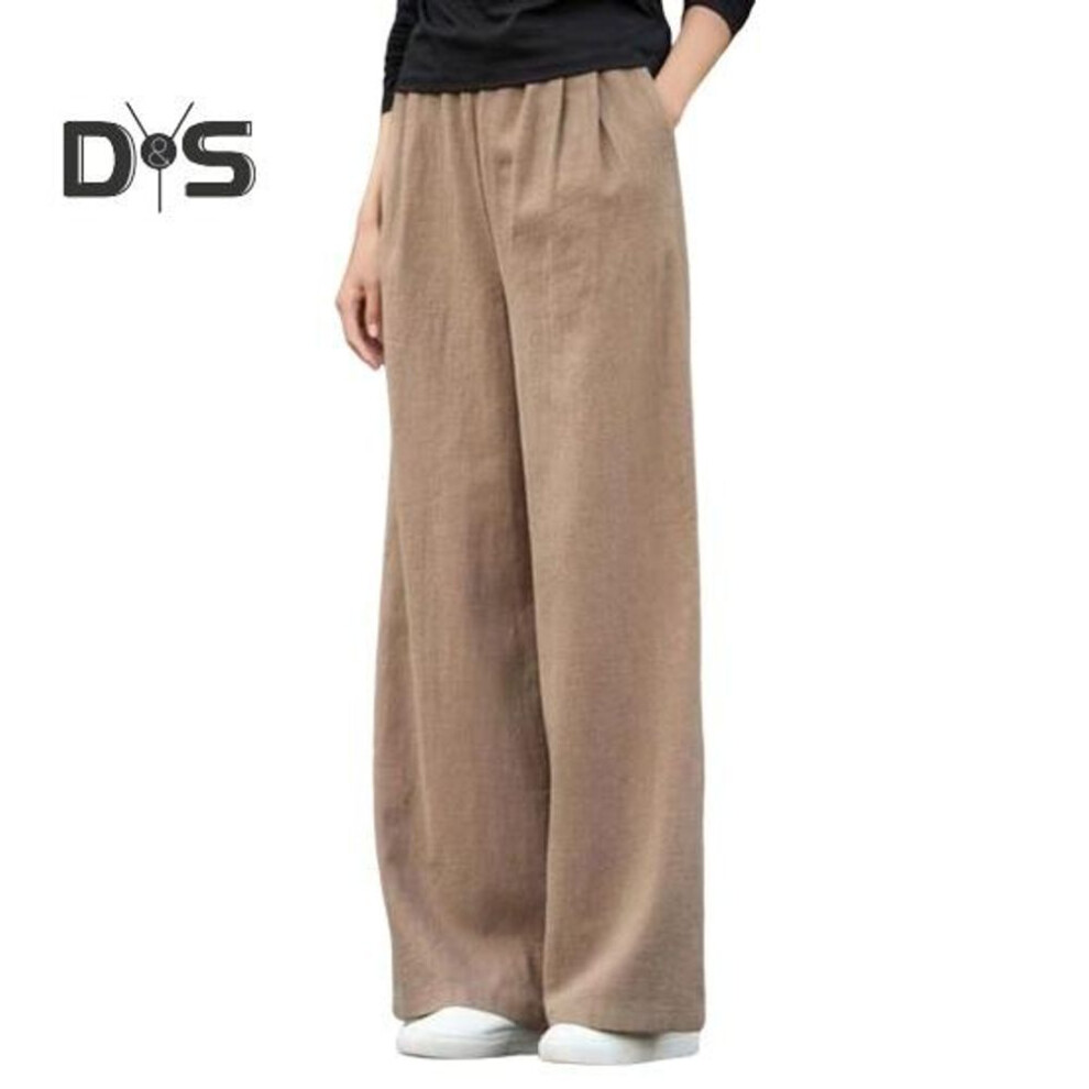 (coffee, M) Women Long Pants Elastic High Waist Solid Color Trousers With Pockets Solid Color Straight Wide Leg Slacks