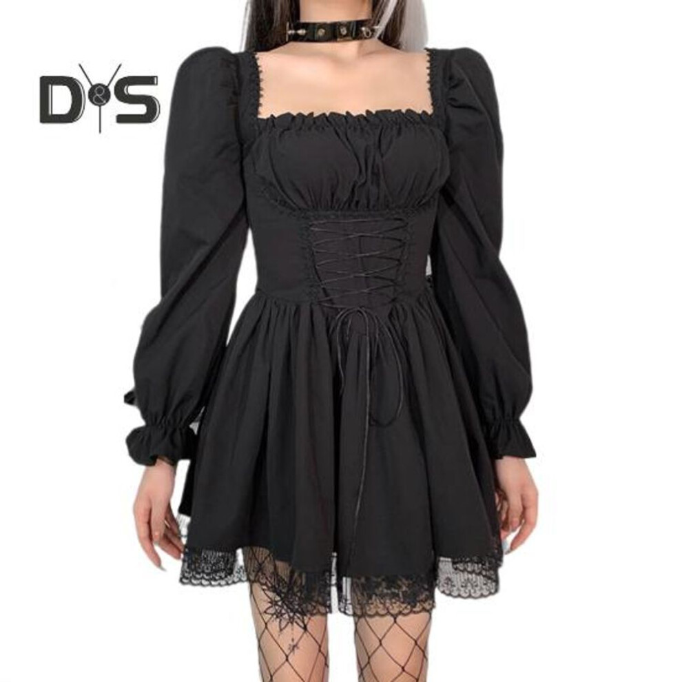(black, M) Women Dress Lolita Style Princess Dress Pleated Shirring Square Neck A-line Puff Sleeves Lace Solid Color Cosplay Performance Mini Dress