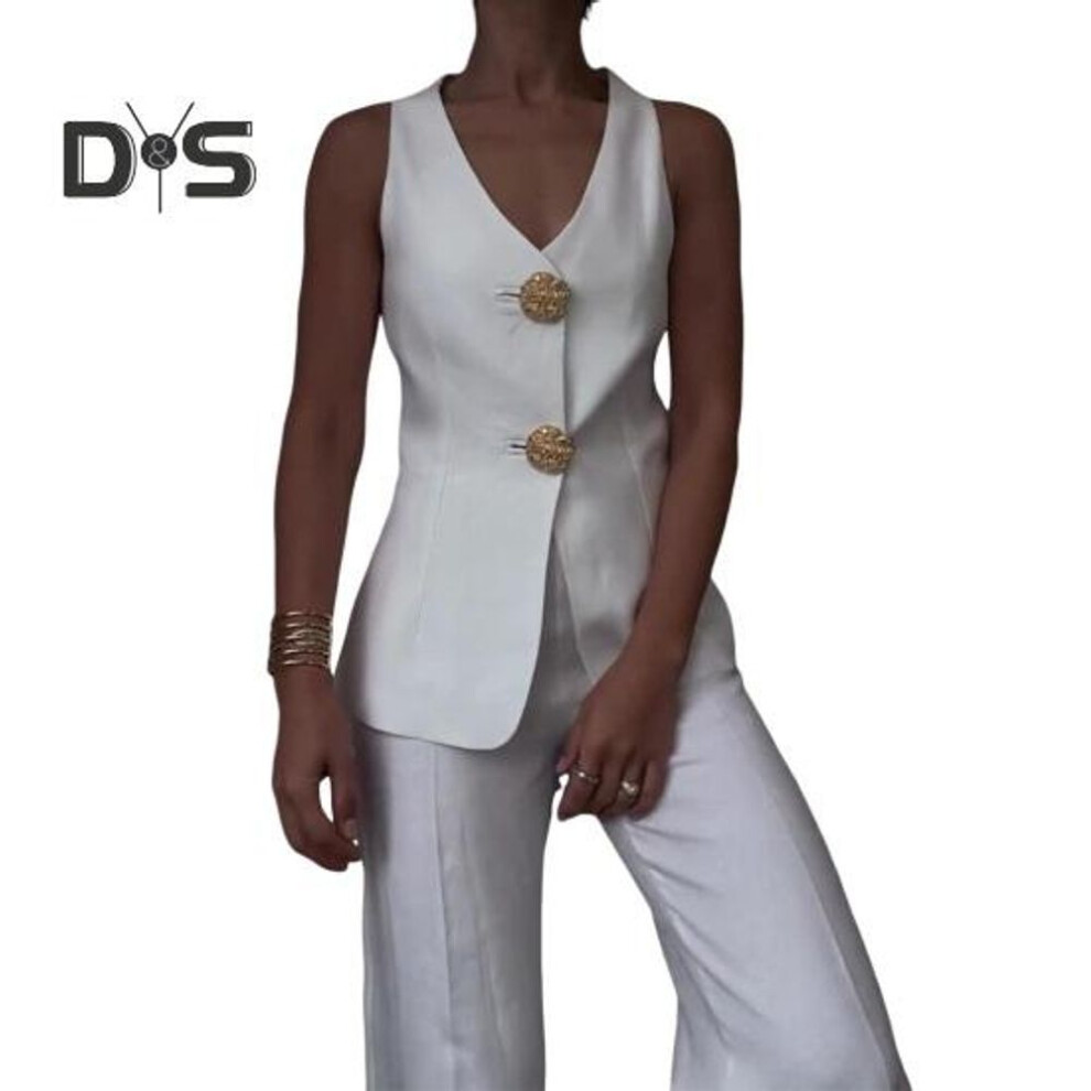 (white, 2XL) 2 Pcs/set Women Suit Vest Pants Set V Neck Double Button Closure Sleeveless Waistcoat High Waist Solid Color Pants Ol Commute Business Outfit