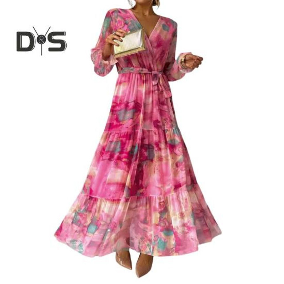 (rose red, S) Women Evening Dress Patchwork V Neck Lace-up Waist Bohemian Style Lantern Sleeves Pleated Chiffon Colorful Print A-line Big Hem Maxi Dress
