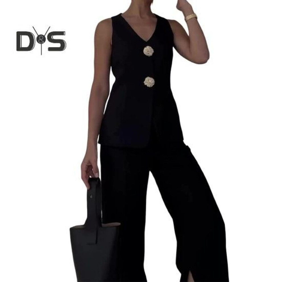 (black, L) 2 Pcs/set Women Suit Vest Pants Set V Neck Double Button Closure Sleeveless Waistcoat High Waist Solid Color Pants Ol Commute Business Outfit