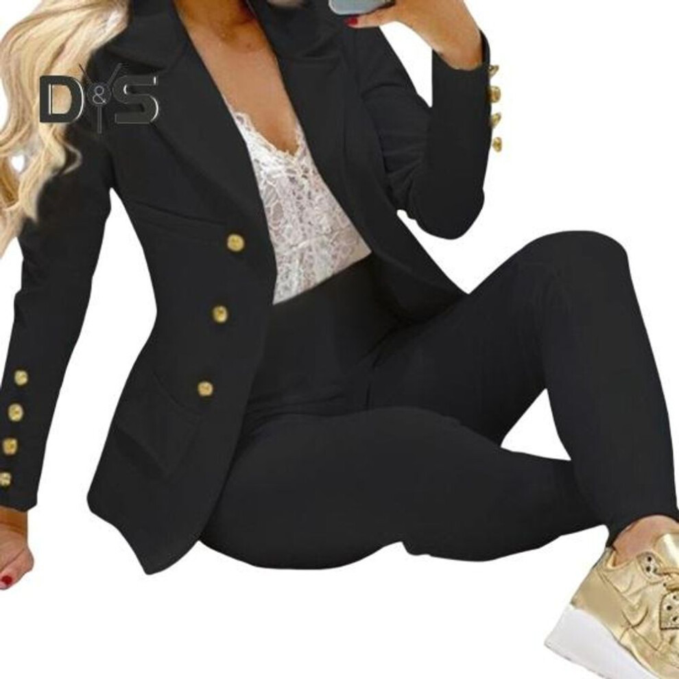 (black, 2XL) 2 Pcs/Set Women Suit Coat Pants Set Lapel Button Decor Mid Length Cardigan Long Sleeve Jacket High Waist Straight Trousers Lady Formal Commute Outfit