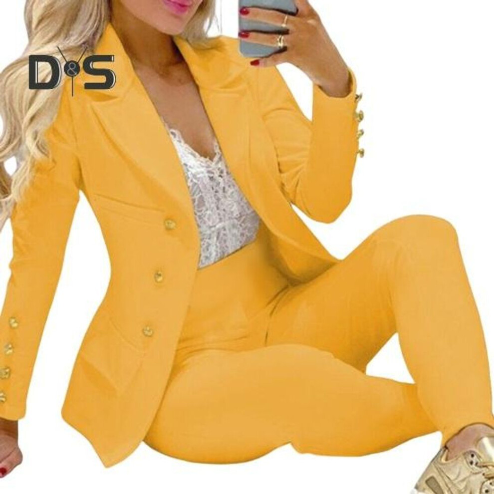 (yellow, L) 2 Pcs/Set Women Suit Coat Pants Set Lapel Button Decor Mid Length Cardigan Long Sleeve Jacket High Waist Straight Trousers Lady Formal Commute Outfit