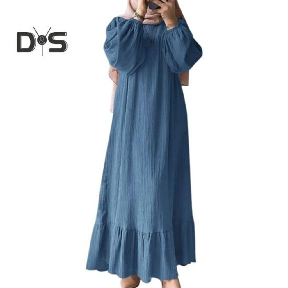 (blue, 3XL) Women Robe Dress Crew Neck Long Puff Sleeves Pure Color Plus Size Patchwork Straight Pullover Casual Middle East Area Traditional Clothes Maxi Dress