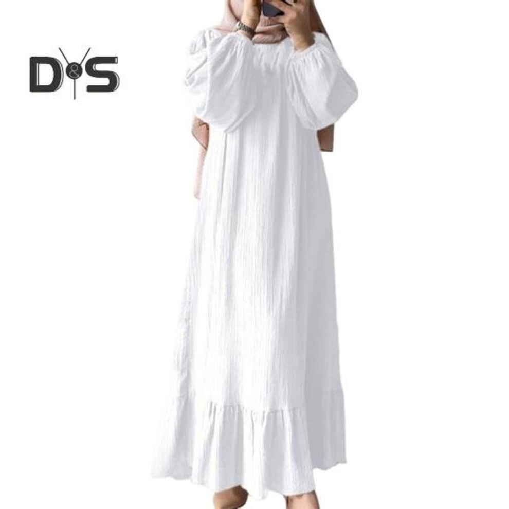 (white, 4XL) Women Robe Dress Crew Neck Long Puff Sleeves Pure Color Plus Size Patchwork Straight Pullover Casual Middle East Area Traditional Clothes Maxi Dress