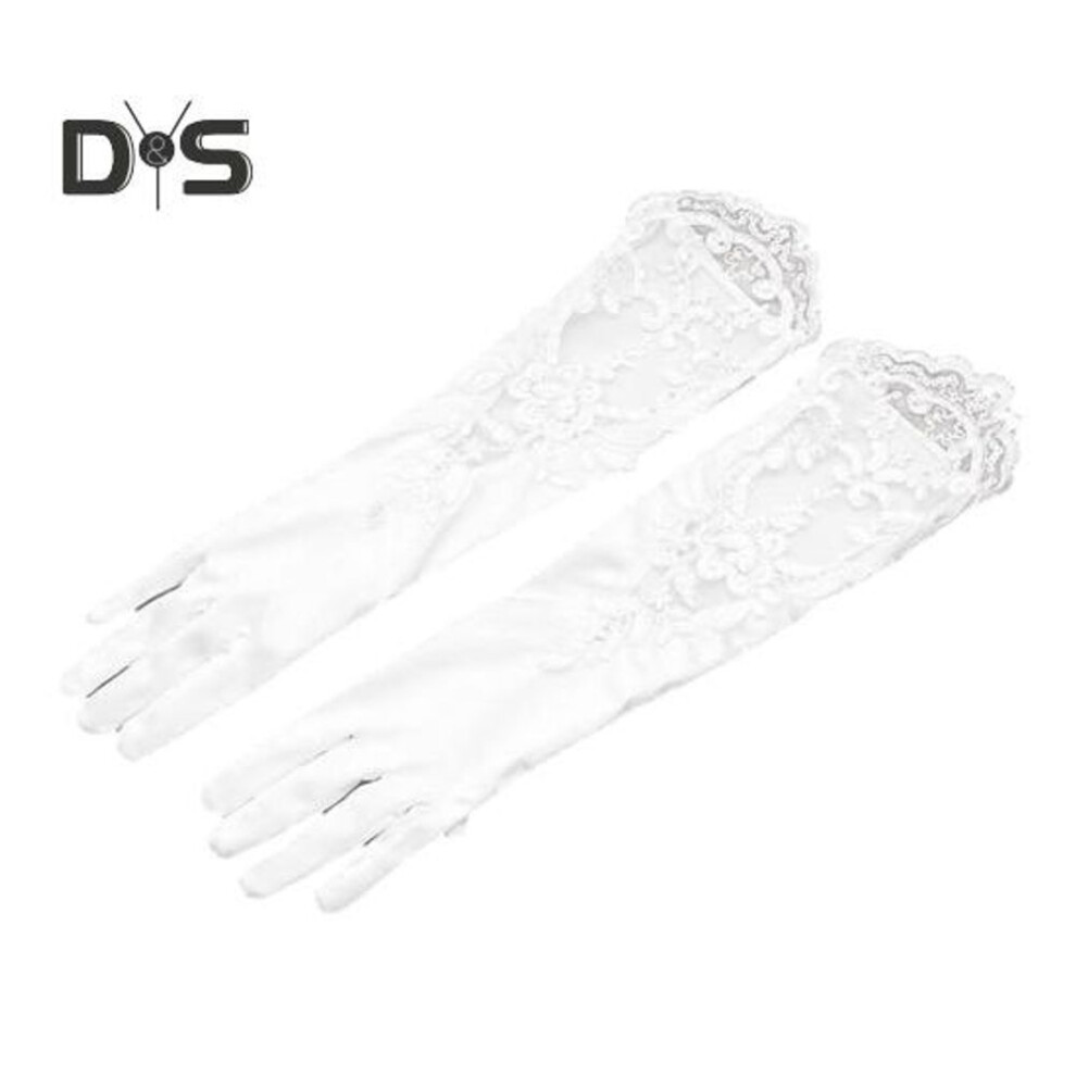 (ivory) 1 Pair Women Prom Gloves See-through Lace Flower Pattern Five Fingers Opera Performances Bride Wedding Photo Prop Arm Cuffs