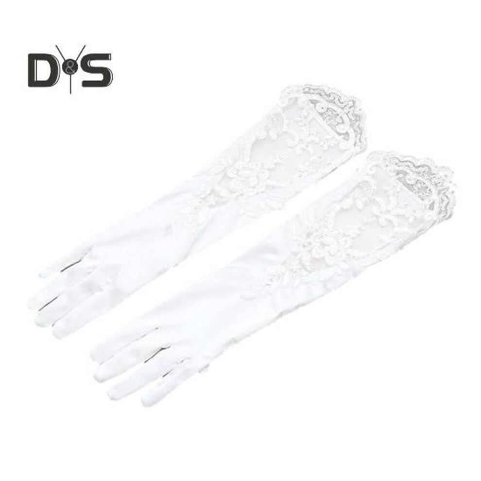 (white) 1 Pair Women Prom Gloves See-through Lace Flower Pattern Five Fingers Opera Performances Bride Wedding Photo Prop Arm Cuffs