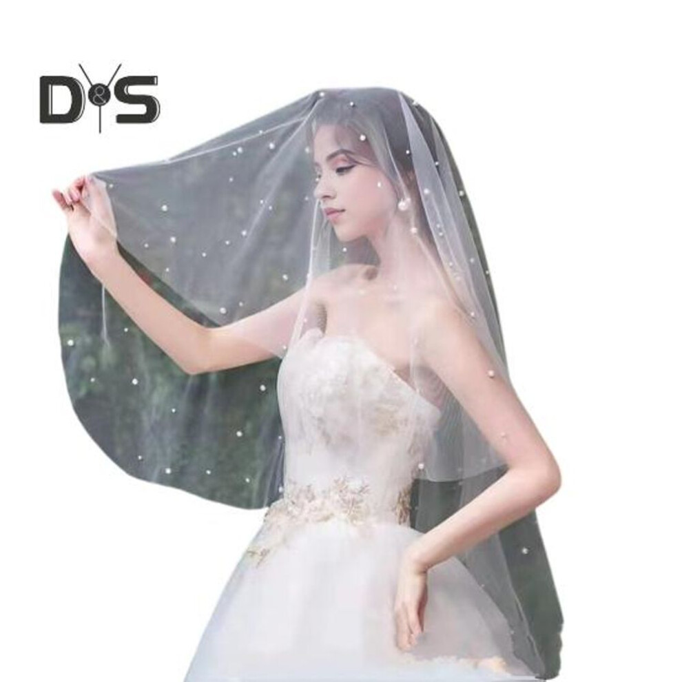 (as the picture, 3M) Bridal Veil With Faux Pearl Embellishment White Mesh Single Layer Wedding Veil Bridal Headpiece Hair Accessories
