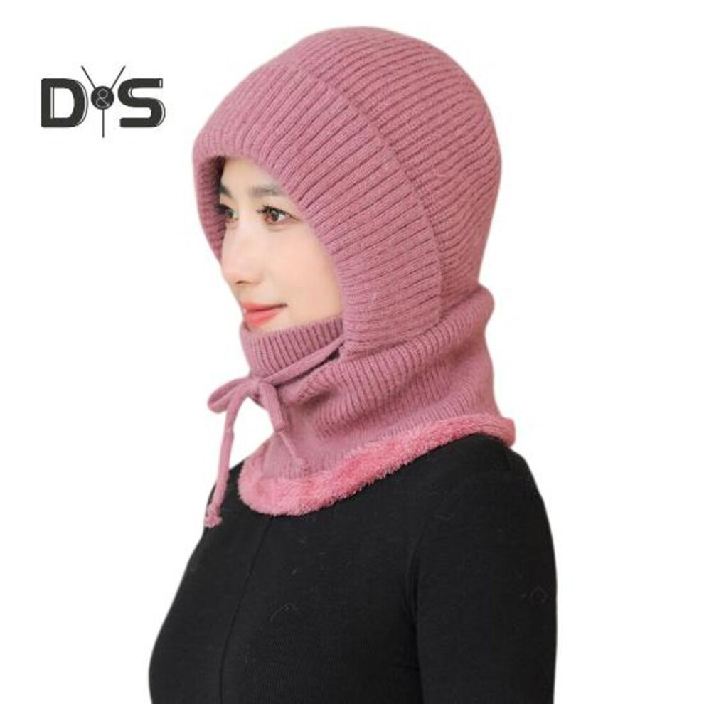(pink) Women Winter Hat with Integrated Scarf Thick Imitation Rabbit Fur Warm Knitted Windproof High Elasticity Full Protection Outdoor Travel Cold Weather
