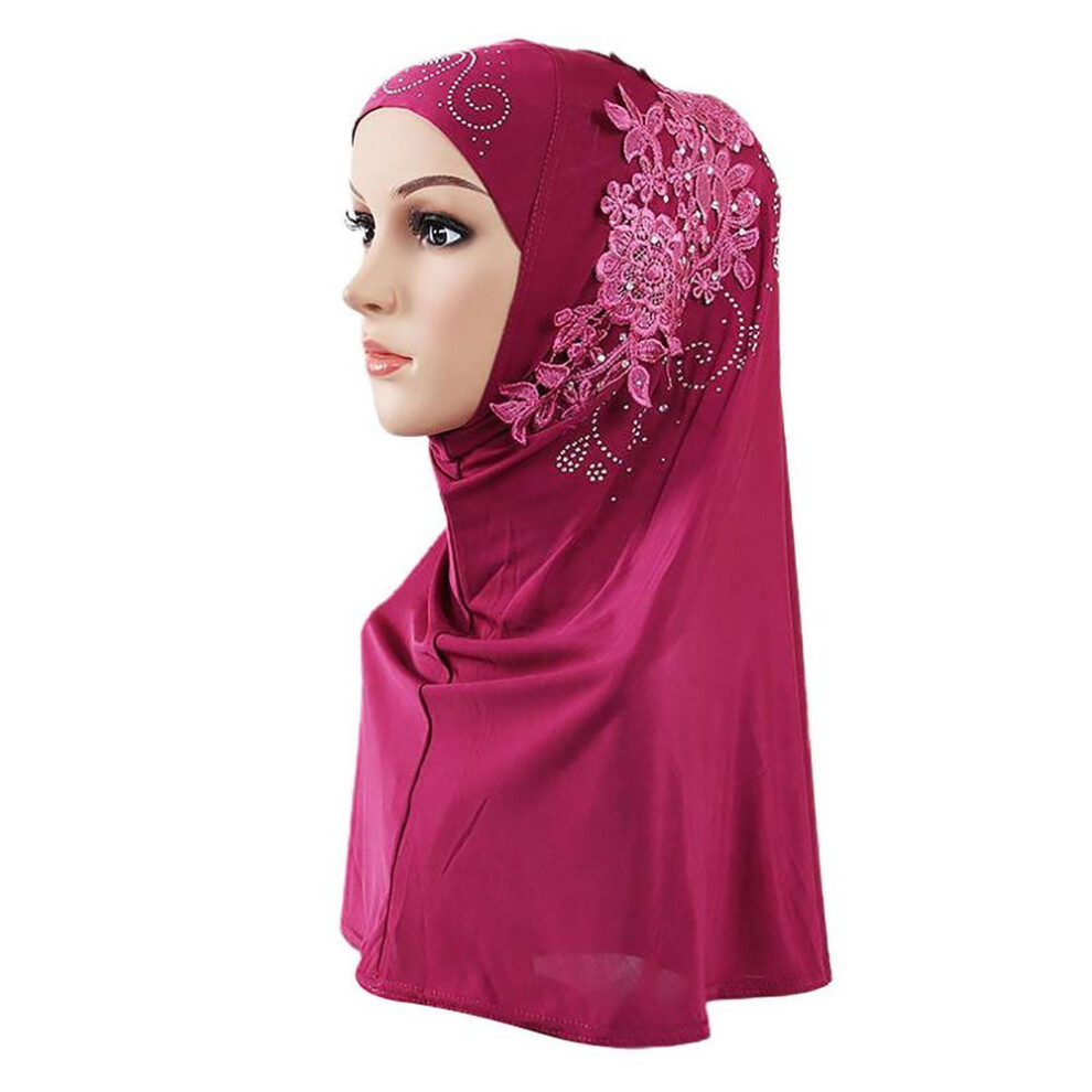 (red) Ladystyle Women Solid Color Lace Muslim Hijab Wrap Islamic Scarf Cap Head Cover