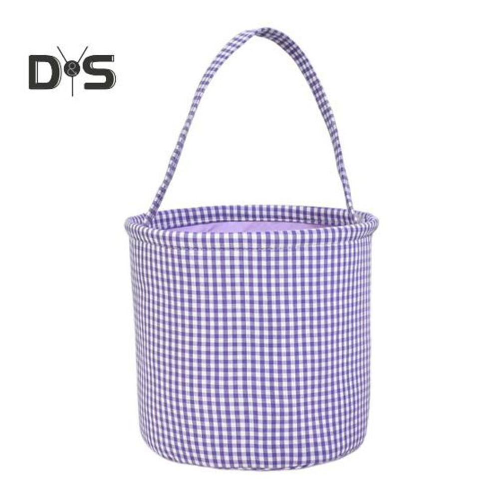 (purple) Gingham Easter Bucket for Kids Nursery Storage Bag New Baby Gift Basket with Handle for Easter Egg Hunts Parties