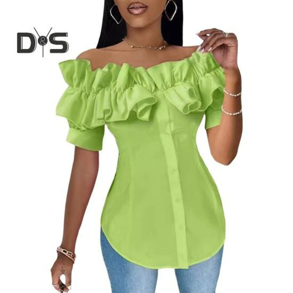 (XL, grass green) Women Shirt Off Shoulder Ruffle Stitching Short Sleeve Single Breasted Shirt Tops Solid Color Slim Fit Blouse Workwear