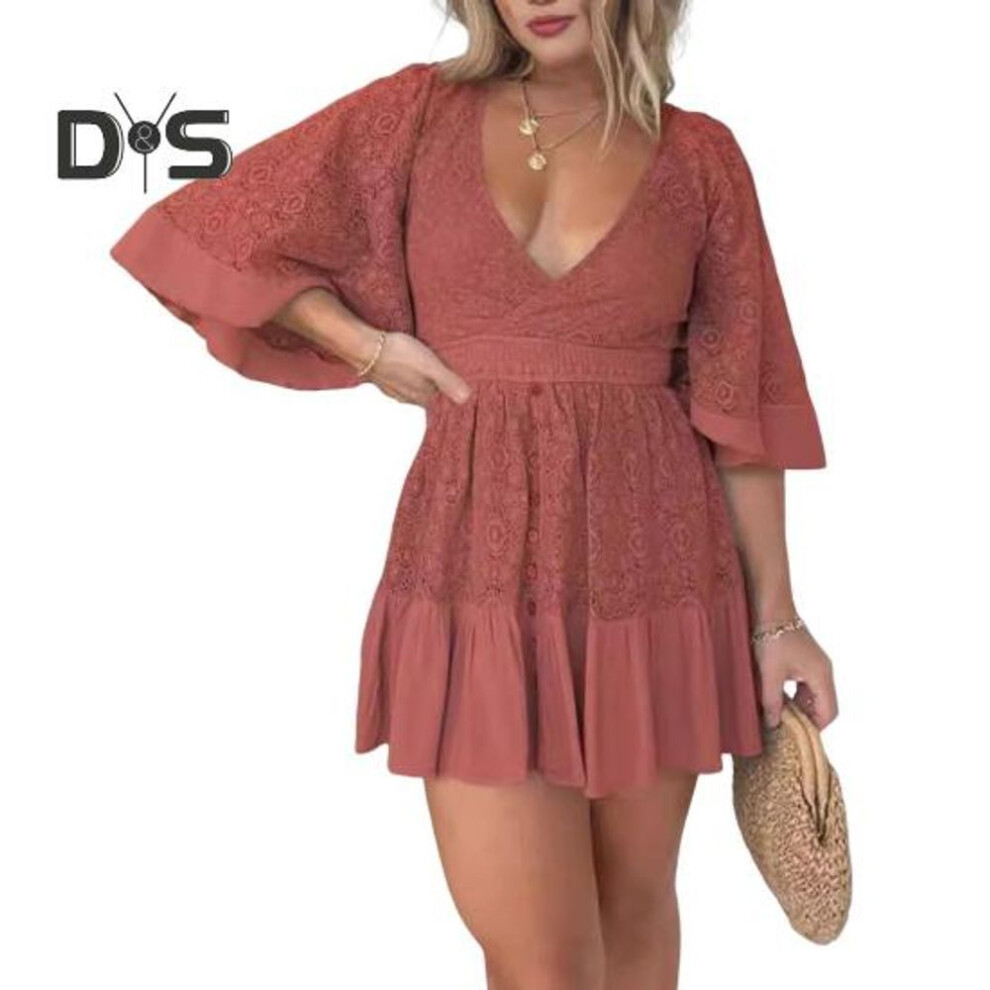(brick red, S) Summer Women Dress Low-cut V Neck Lace Patchwork Bat Sleeves Button Decor Pleated Ruffle Solid Color Short Dress Dating Beach Mini Dress