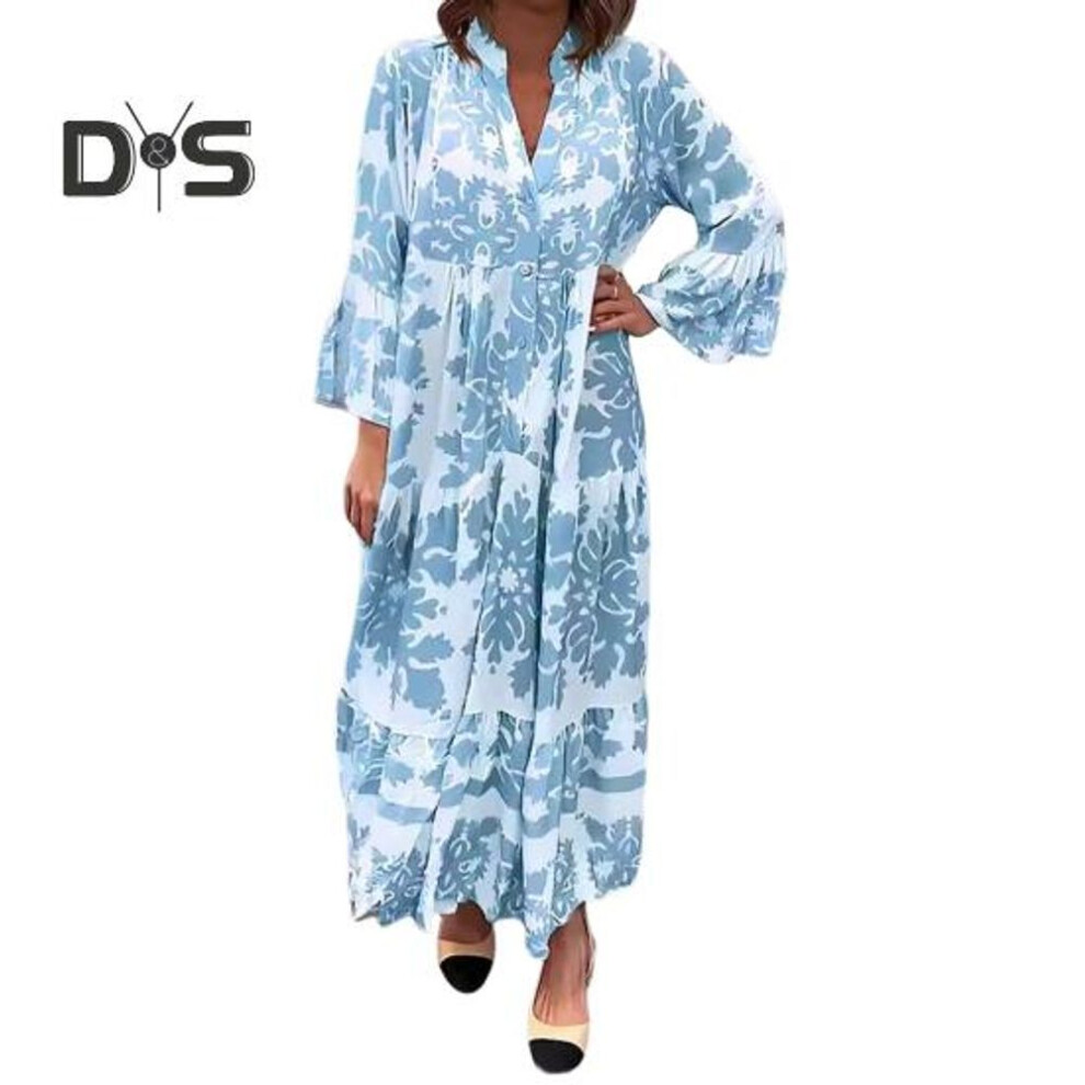 (sky blue, 2XL) Women Maxi Dress V Neck Floral Printed Pleated Ruffle Patchwork Hem Loow Waist Horn Sleeves Single-breasted Daily Commuting Long Dress