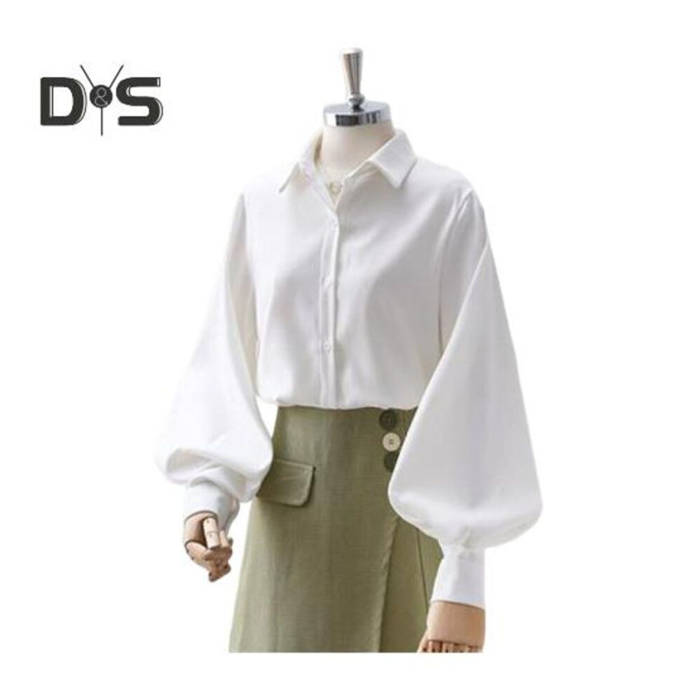 (XL, white) Women Shirt Lapel Lantern Long Sleeve Single Breasted Shirt Tops Solid Color Loose Fit Work Casual Daily Tops