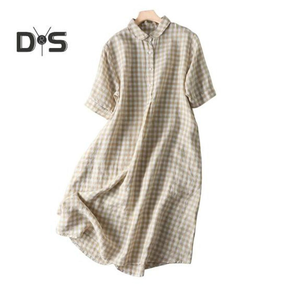 (beige, L) Summer Lady Dress Turn-down Collar Short Sleeves Buttons A-line Flowy Hem Retro Printed Casual Loose Midi Dress