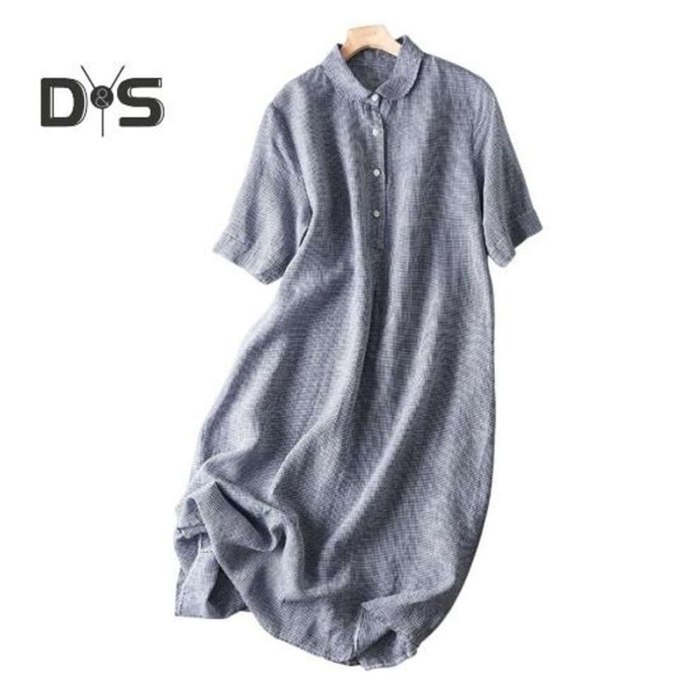 (blue, L) Summer Lady Dress Turn-down Collar Short Sleeves Buttons A-line Flowy Hem Retro Printed Casual Loose Midi Dress