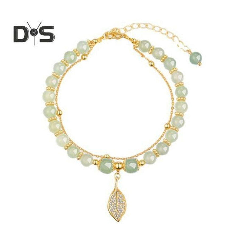 (as the picture, A) Women Bracelet Rhinestone Leaf Pendant Double-layered Adjustable Length Faux Jade Smooth Contrast Color Luxury Good Luck Bangle