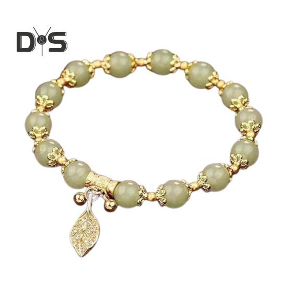 (as the picture, B) Women Bracelet Rhinestone Leaf Pendant Double-layered Adjustable Length Faux Jade Smooth Contrast Color Luxury Good Luck Bangle