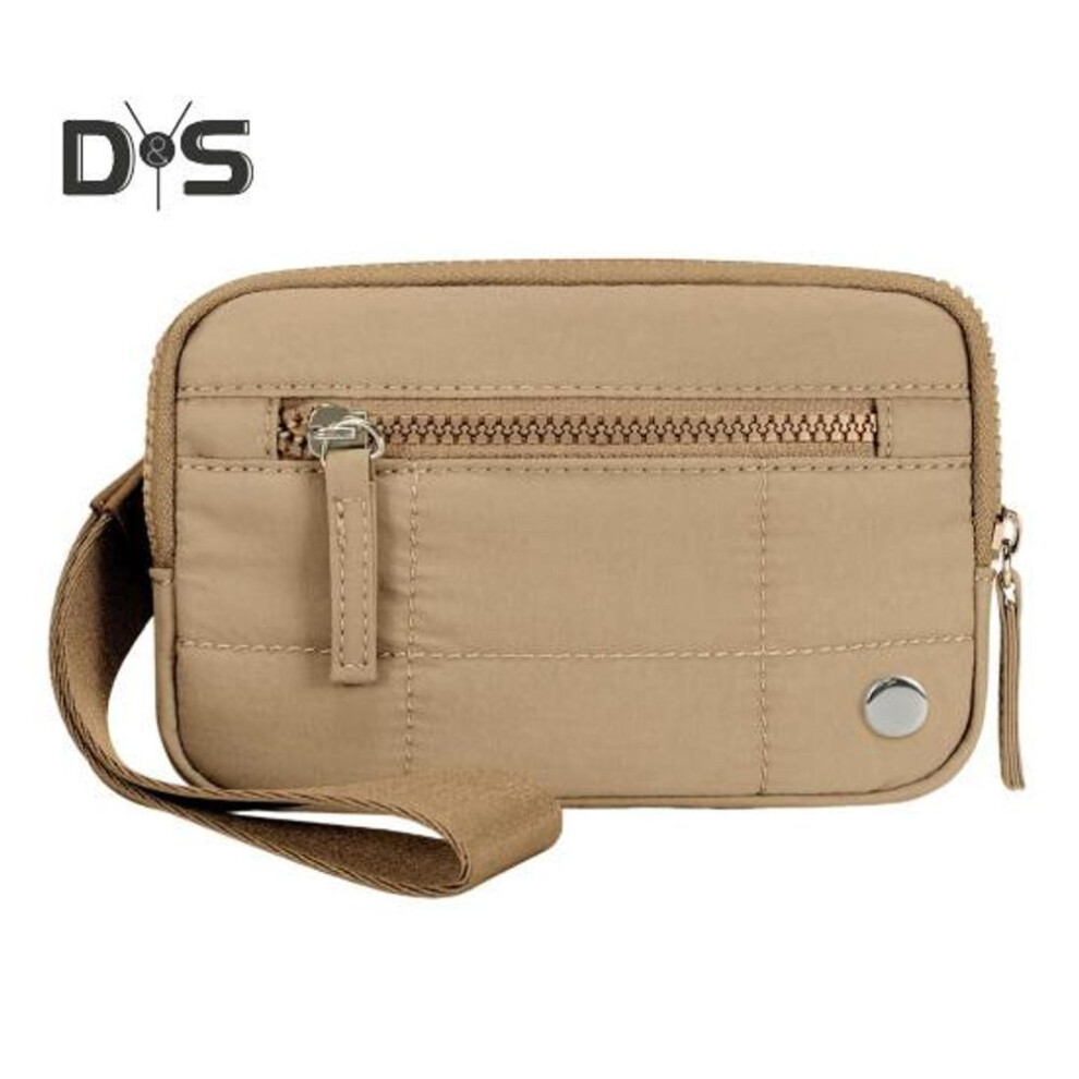 (khaki) Women Wrist Pouch Nylon Quilted Wristlet Wallet Portable Waterproof Wrist Wallet with 3 Zipper Pockets for Travel Credit Card Keys