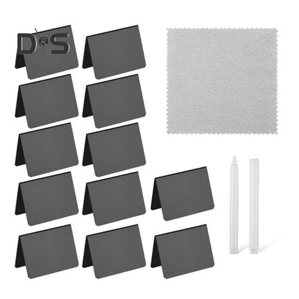 (as the picture, 12pcs B) 12pcs Small Blackboard Signs Food Buffet Reusable Mini Chalkboards With White Pen Cloth Mini Chalkboard Tags