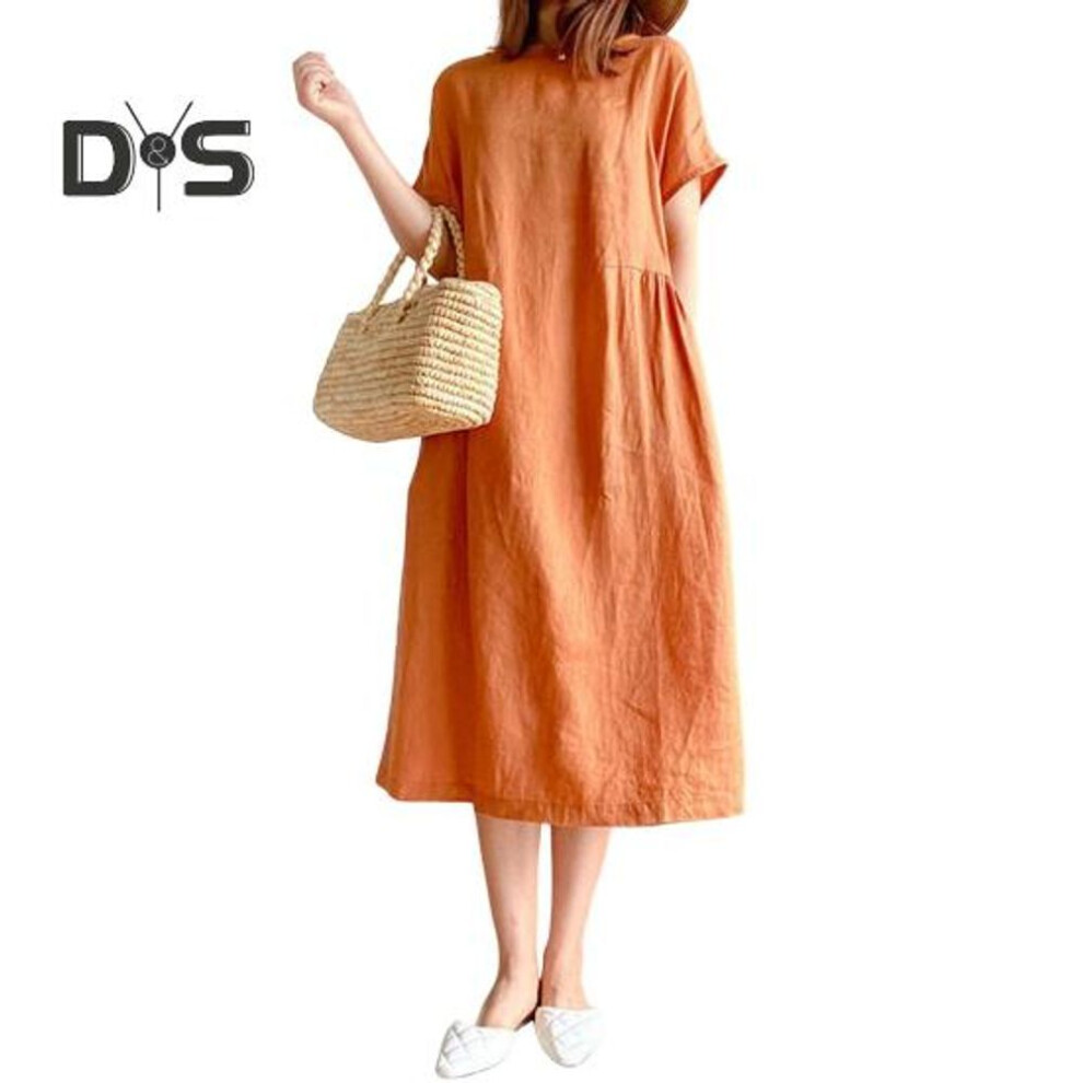 (orange, XL) Summer Women Dress O Neck Short Sleeves A-line Solid Color Big Hem Loose Pullover Casual Daily Wear Midi Dress Dating Commuting Long Dress