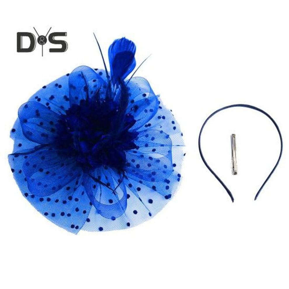 (royal blue) Feather Mesh Decorative Top Hat Headband Party Hair Accessories Women Flower Decor Dot Print Headpiece