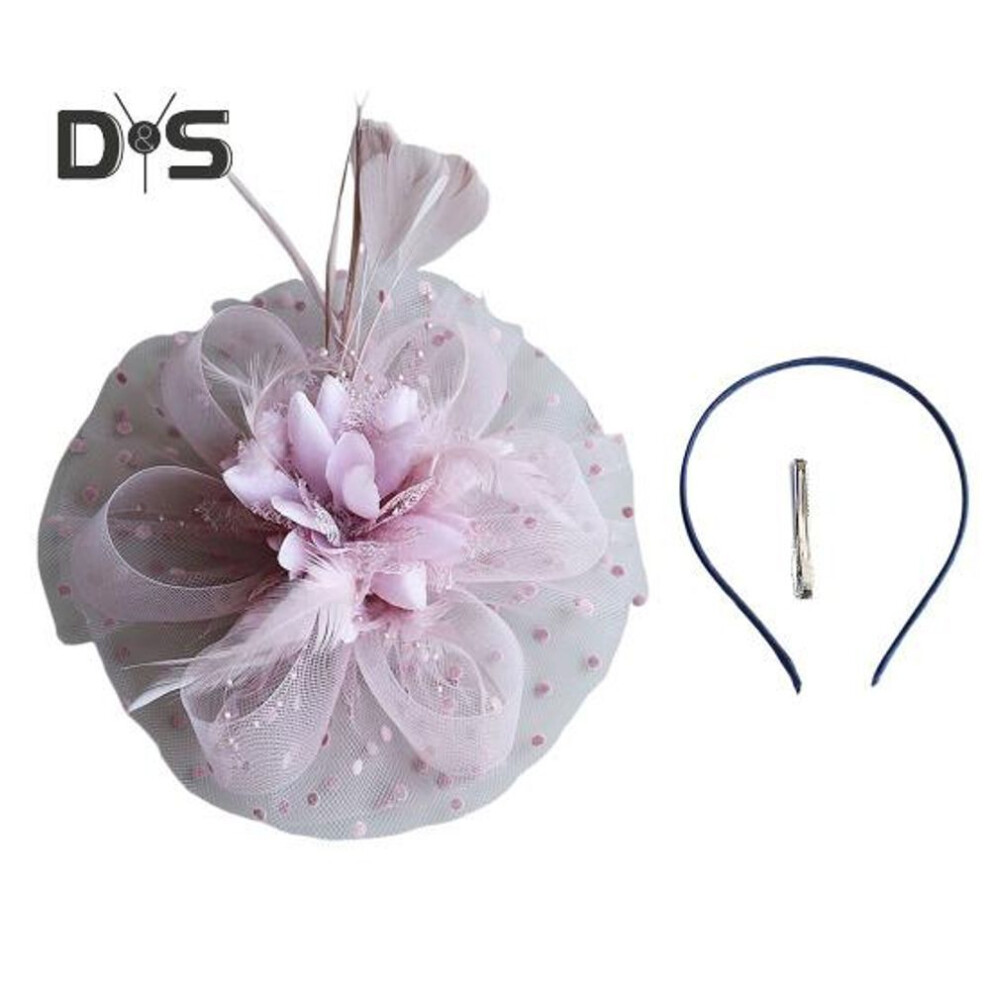 (pink) Feather Mesh Decorative Top Hat Headband Party Hair Accessories Women Flower Decor Dot Print Headpiece