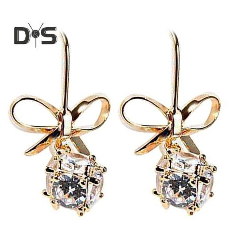 (golden) 1 Pair Women Bow Earrings Cubic Zirconia Hoop Earrings Polished Copper Drop Earrings For Wedding Cocktail Party Prom Ear Jewelry