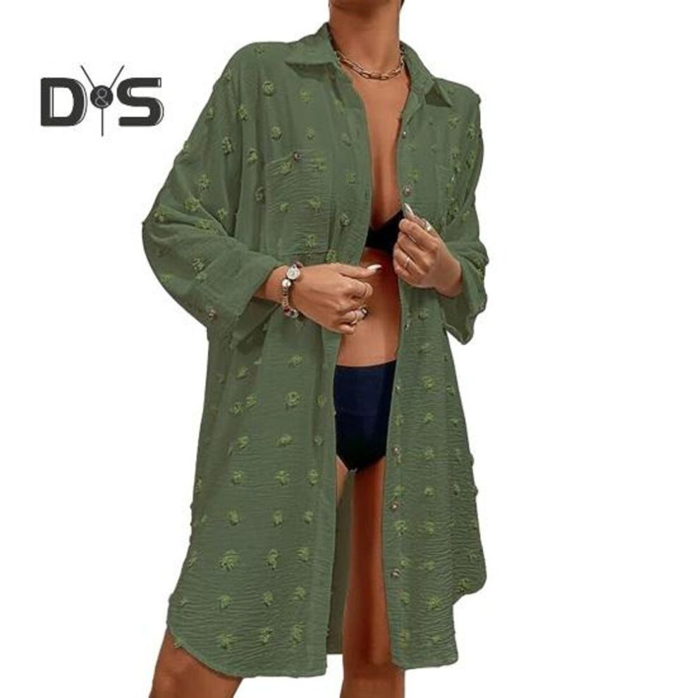(army green) Women Beach Shirt Cover Up Solid Color Long Sleeve Lapel Loose Single Breasted Sun Protection Anti Uv Pockets Soft Lady Cardigan Top