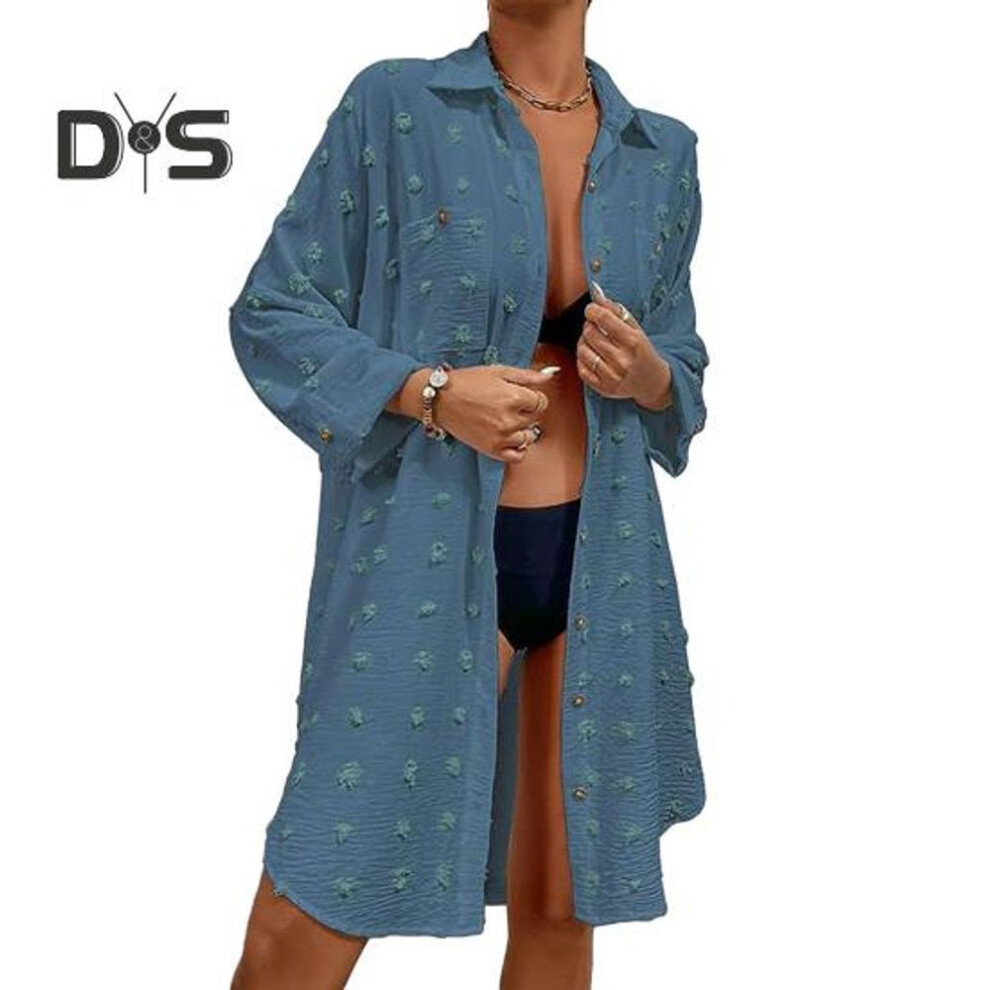 (royal blue) Women Beach Shirt Cover Up Solid Color Long Sleeve Lapel Loose Single Breasted Sun Protection Anti Uv Pockets Soft Lady Cardigan Top