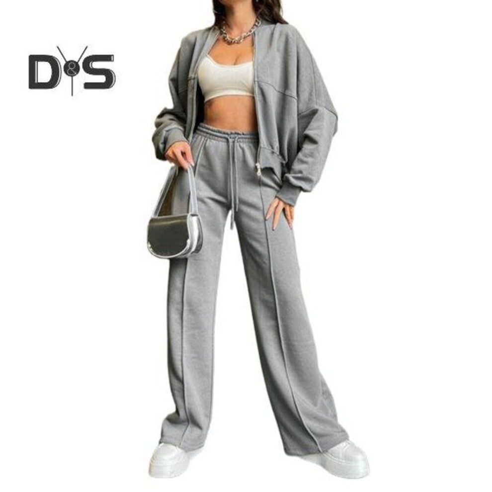 (light grey, 2XL) 2 Pcs/Set Women Coat Pants Set Stand Collar Zipper Closure Long Sleeve Loose Elastic Cuff High Elastic Waist Wide Leg Solid Color Lady Tracksuit