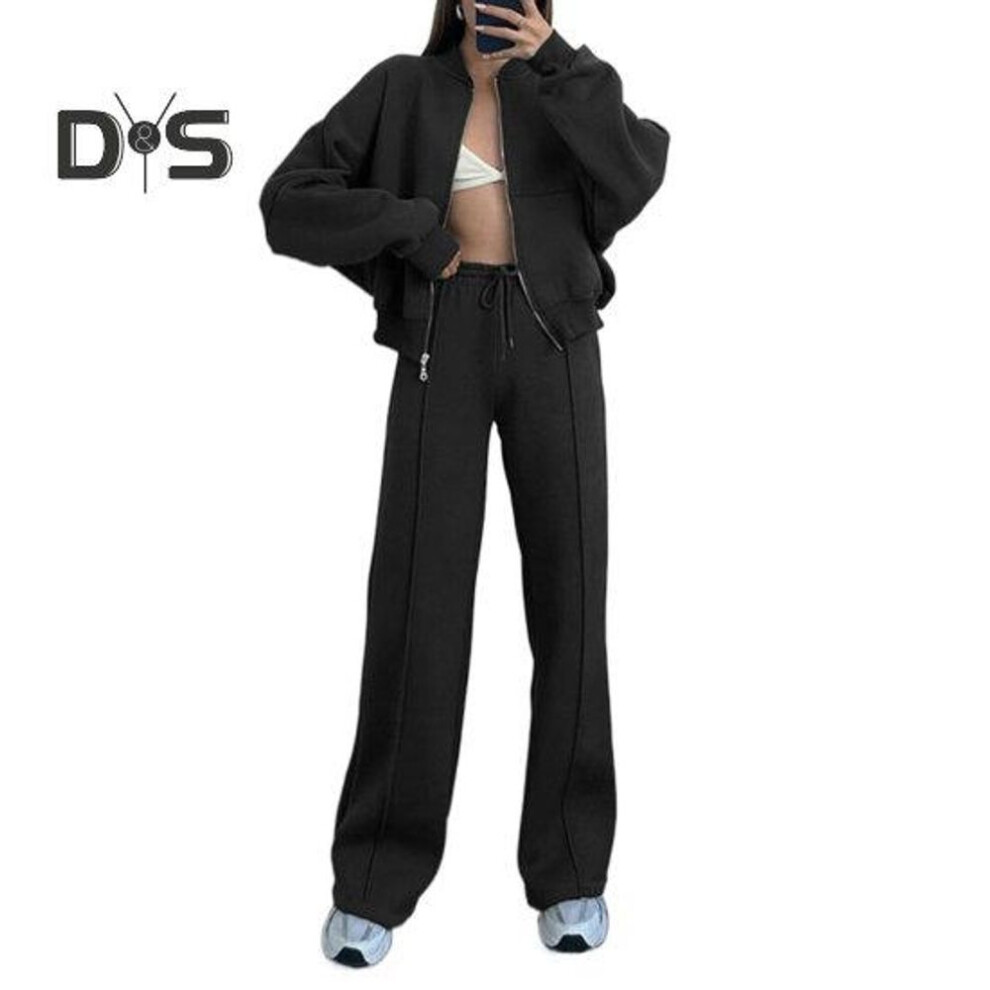 (black, M) 2 Pcs/Set Women Coat Pants Set Stand Collar Zipper Closure Long Sleeve Loose Elastic Cuff High Elastic Waist Wide Leg Solid Color Lady Tracksuit