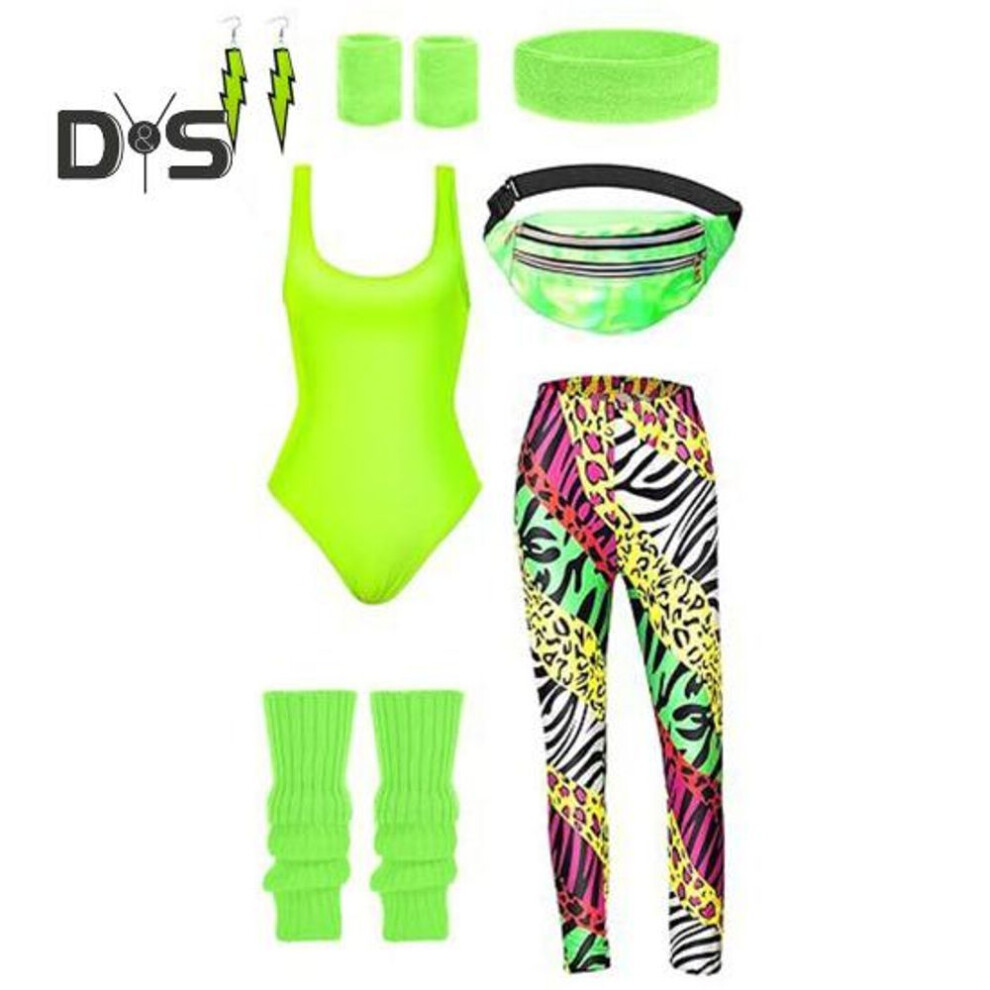 (fluorescent green, M) 7pcs/set Women Retro Tracksuit 1980s Sportswear Fitness Outfit Costume Accessories With Vest Leggings Headband Bracelets Leg Warmers Earrings Belt Bag