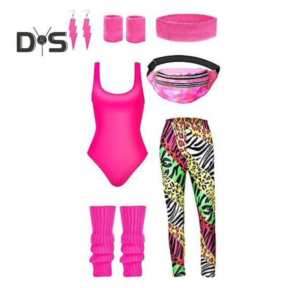 (rose red, XL) 7Pcs/Set Women Retro Tracksuit 1980s Sportswear Fitness Outfit Costume Accessories with Vest Leggings Headband Bracelets Leg Warmers Earrings Belt Bag