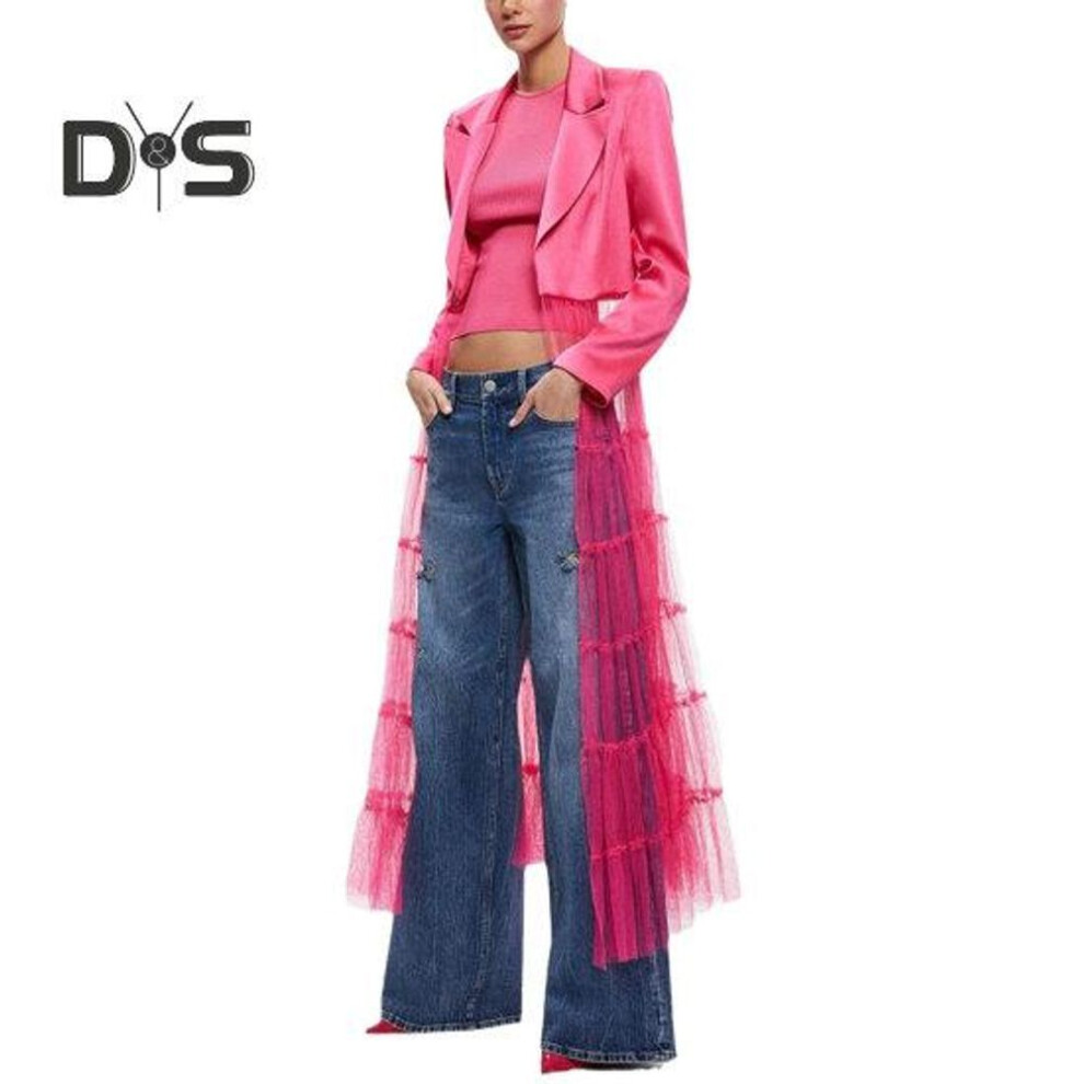 (rose red, XL) Women Dress Coat Dress Patchwork Mesh Turn Down Collar Long Sleeve Cardigan A Line Mid Calf Length Satin Lady Stage Show Coat Dress