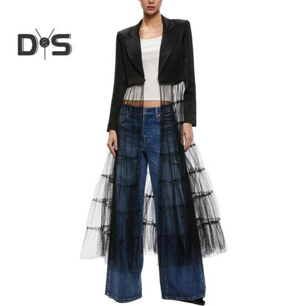 (black, XL) Women Dress Coat Dress Patchwork Mesh Turn Down Collar Long Sleeve Cardigan A Line Mid Calf Length Satin Lady Stage Show Coat Dress