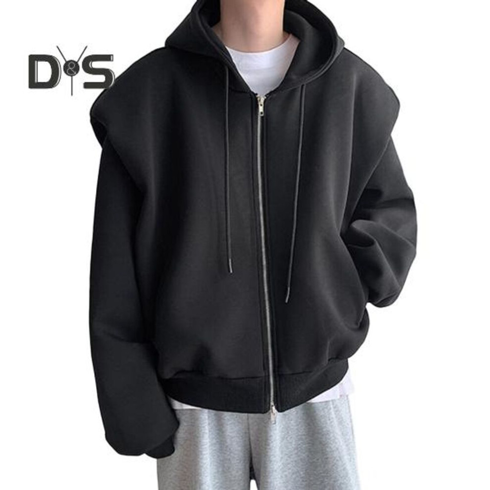 (black, XXL) Men Sweatshirt Hooded Drawstring Long Sleeve Zipper Placket Sport Coat with Pockets Solid Color Loose Fit Casual Outwear