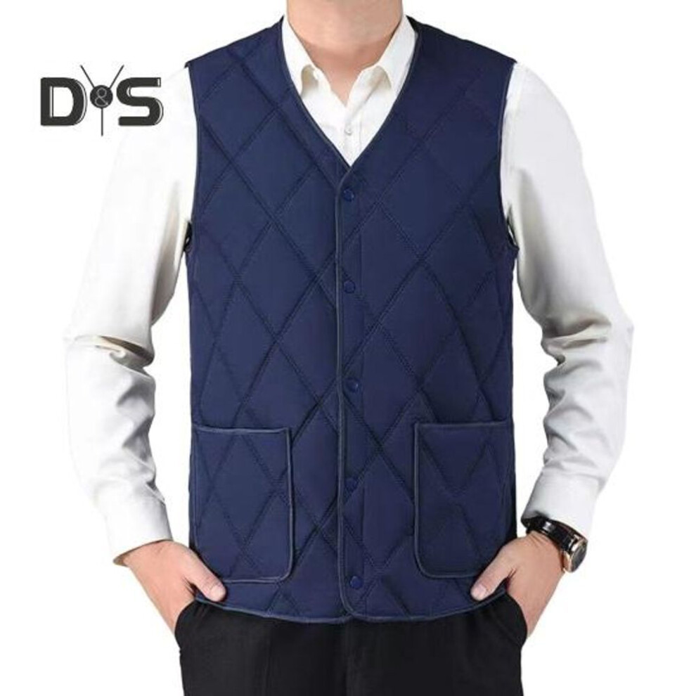 (XXXL, navy blue) Men Waistcoat V-Neck Sleeveless Solid Color Single Breasted Vest Coat with Pockets Thickened Plush Lining Quilted Bottoming Vest Jacket