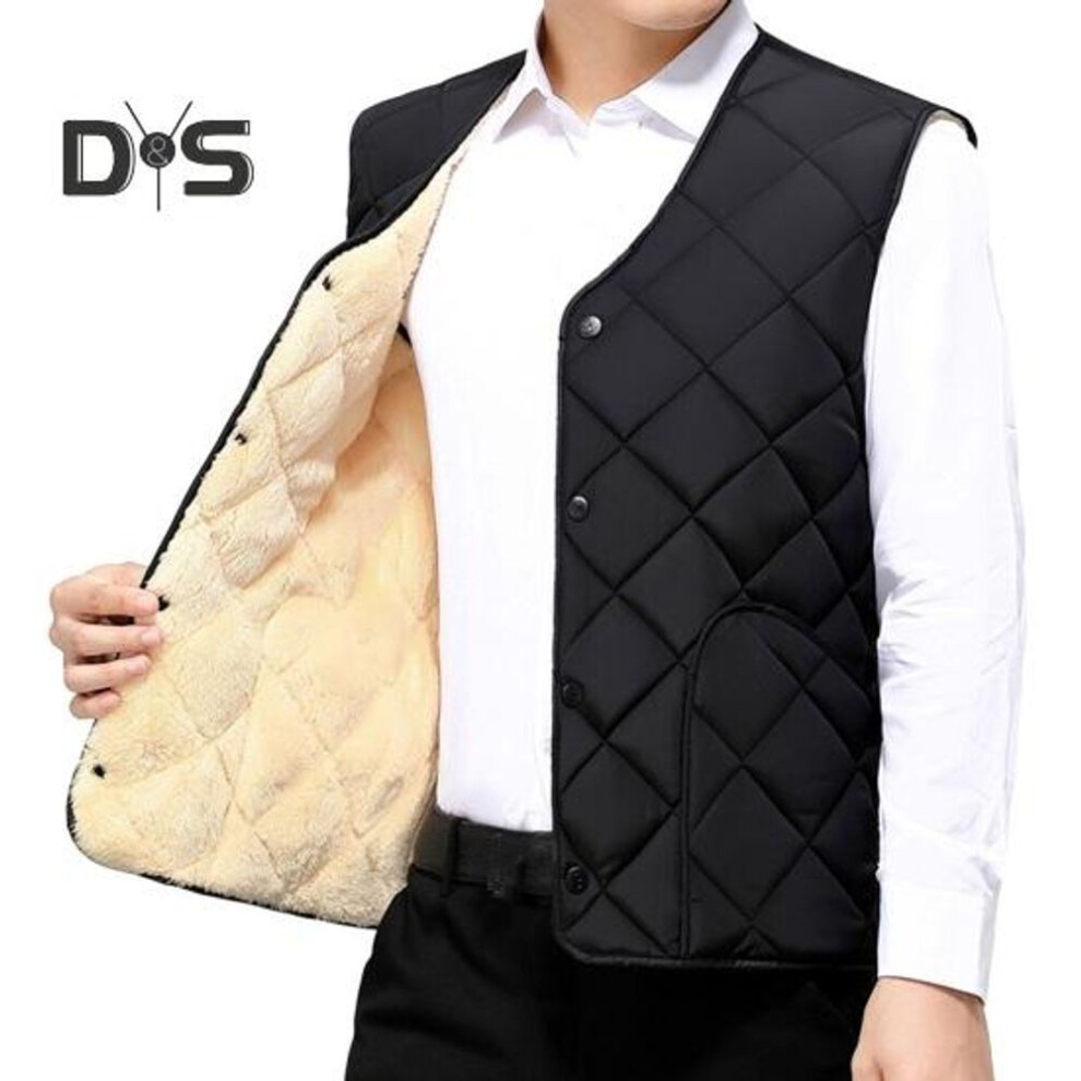 (M, black) Men Vest Coat V-Neck Sleeveless Single Breasted Solid Color Waistcoat with Pockets Thickened Plush Lining Vest Jacket